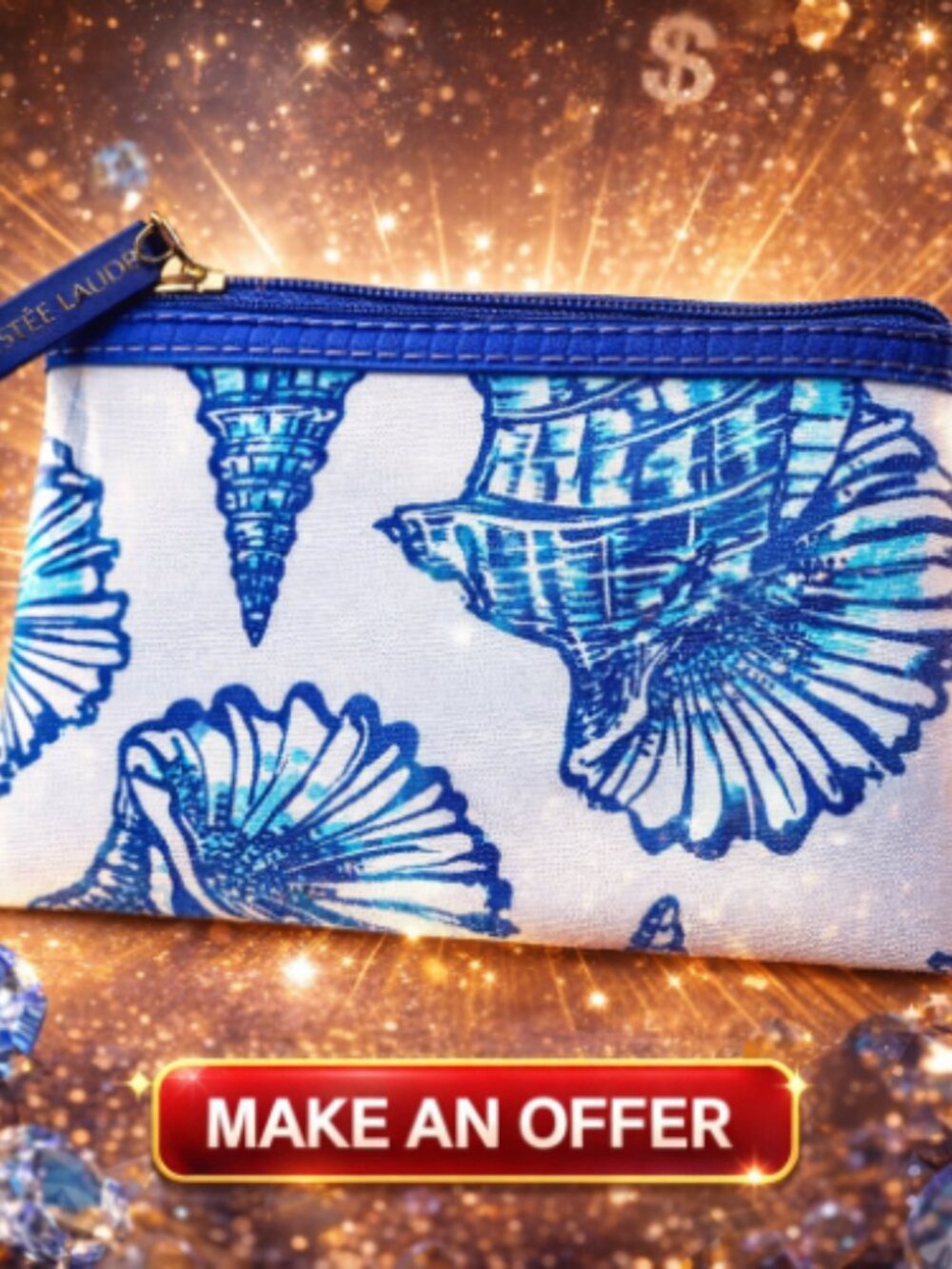 Estee Lauder Blue and white cosmetic bag/ coin purse measures 5x4x.75